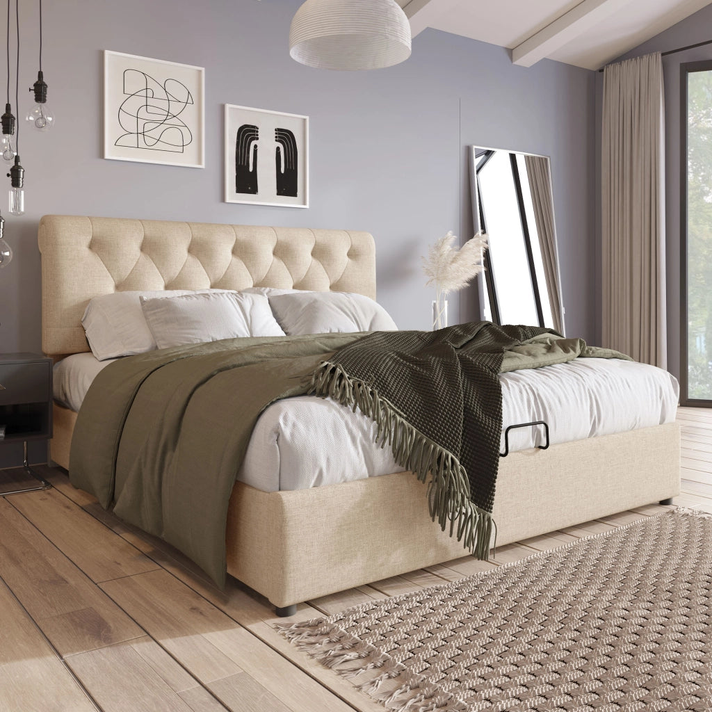 Letto contenitore matrimoniale 160 × 200 cm con testiera regolabile, contenitore idraulico, materasso incluso, lino naturale