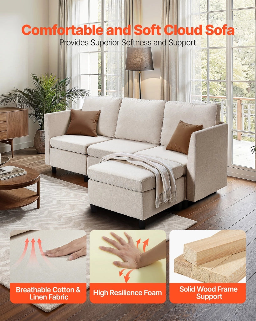 Divano Letto Angolare Modulare 3 Posti con Pouf e Contenitore Nascosto in Legno Massello e Tessuto Beige Design Moderno per Soggiorno