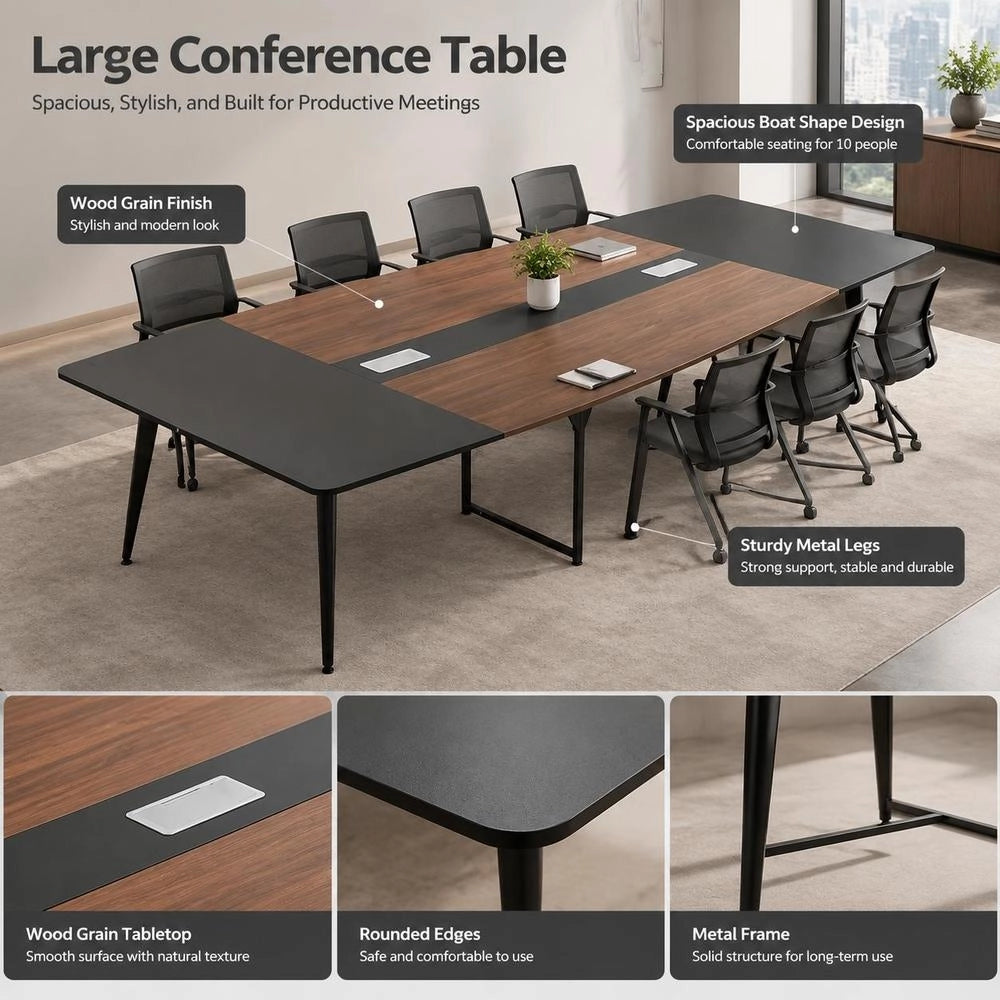 Conference Table, 2400 Mm Boat Shaped Office Meeting Table For 10 Person, Modern Large Boat Meeting Desk With Metal Legs, For Office, Boardroom, Conference Room, Easy Assembly, Black & Brown
