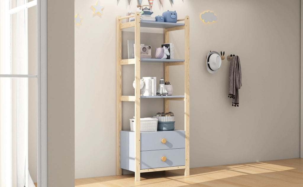 Set guardaroba e scaffale con appendiabiti 4 ripiani aperti e 4 cassetti in legno e MDF blu e naturale