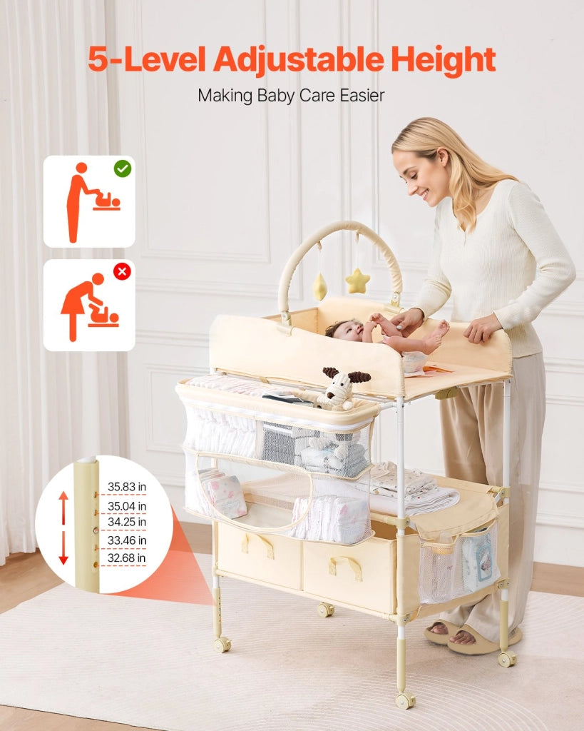 Fasciatoio Pieghevole per Casa CT-07 Portatile Regolabile con Ruote e 2 Cassetti in Tessuto Beige Chiaro