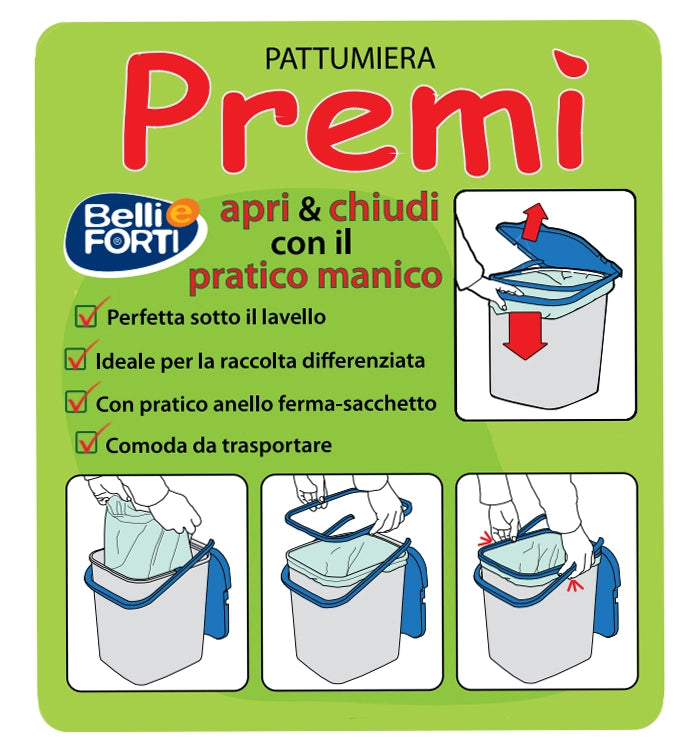 PREMI PATTUMIERA RACCOLTA DIFFERENZIATA CON MANICO 18LT VERDE RICICLO VETRO