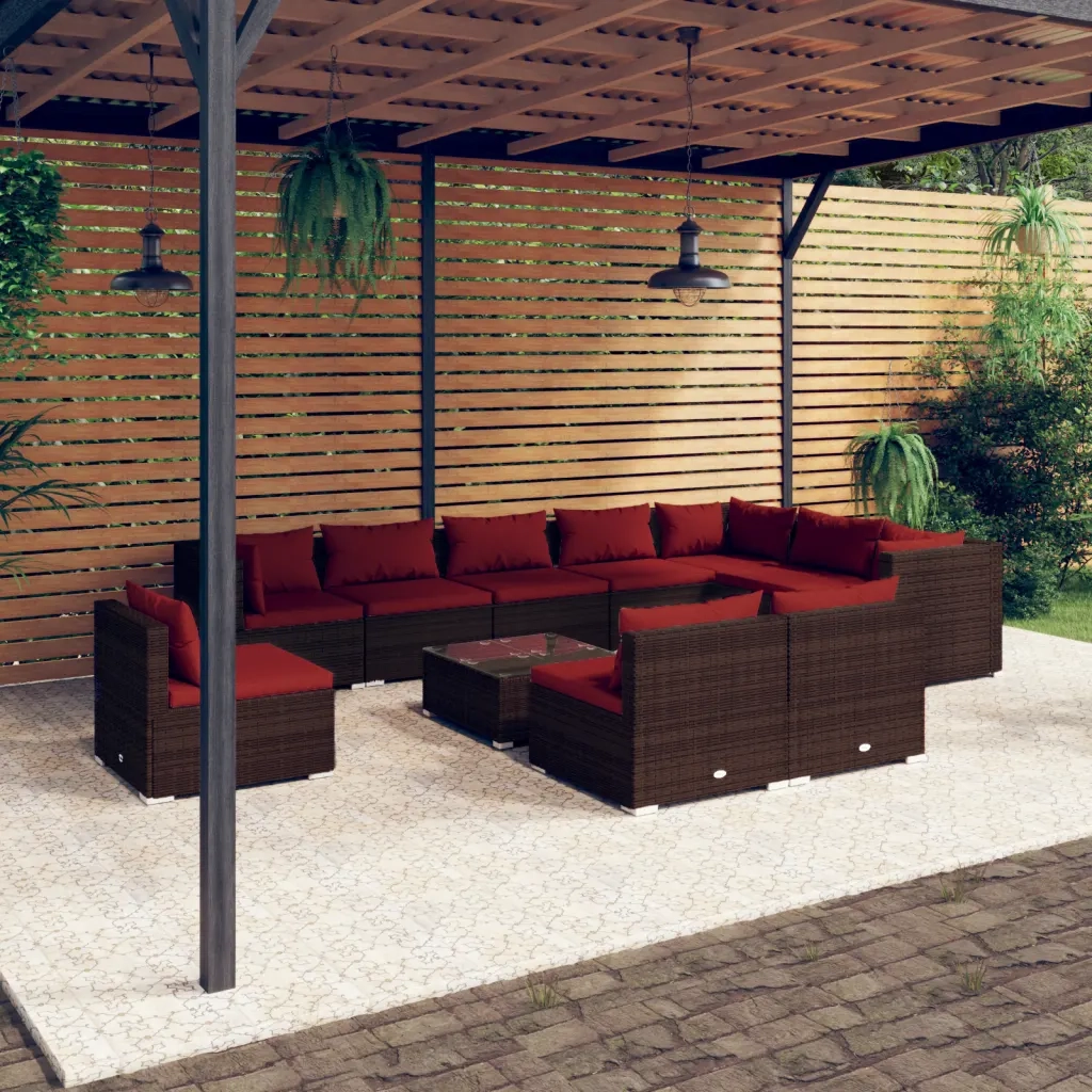 Set Divani da Giardino 11 pz con Cuscini in Polyrattan Marrone 3102603