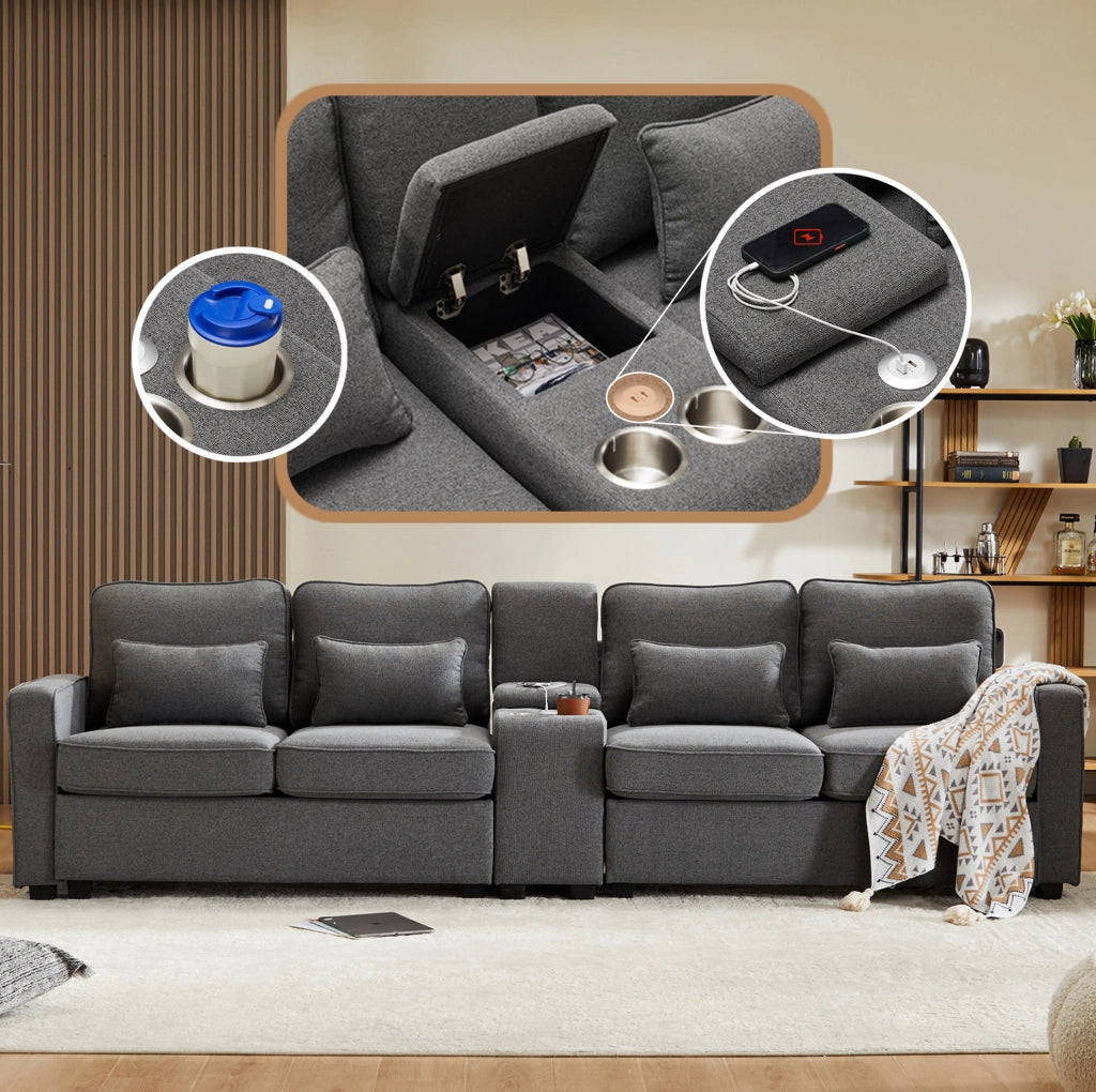 SOFA 4 posti 290x83x88 cm in lino grigio scuro con console, USB e 4 cuscini