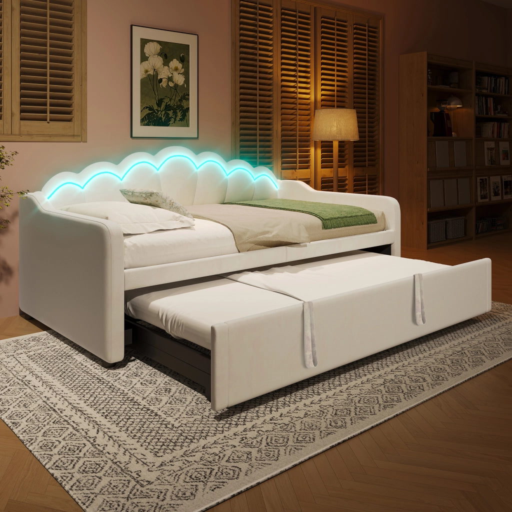 Letto estraibile singolo in velluto beige 90 × 200 cm con LED multicolore e secondo letto