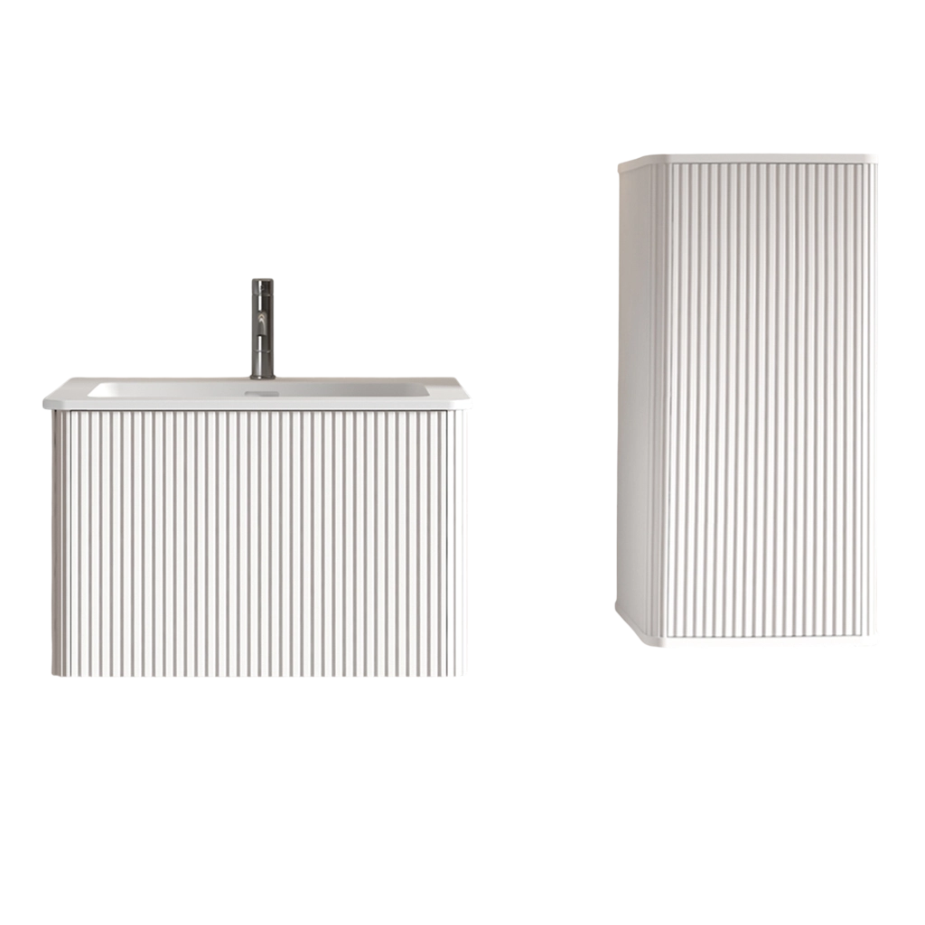 Set mobili bagno sospesi con lavabo e mobile laterale in MDF compensato e solid surface bianco