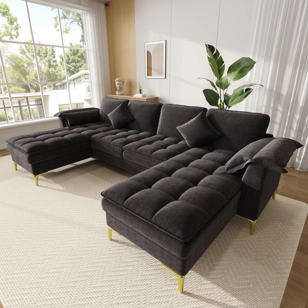 Divano angolare modulare a U 262x134 cm 4-5 posti in chenille nero con 2 cuscini