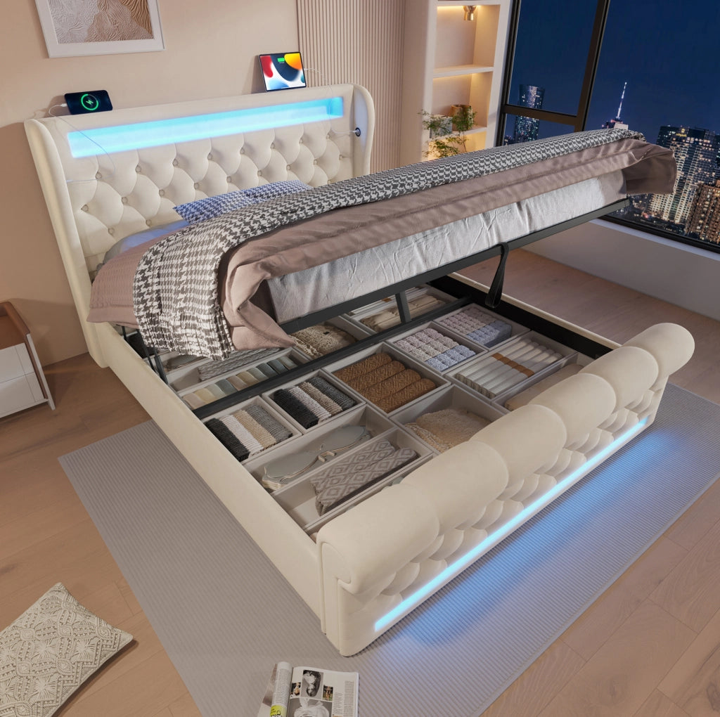 Letto matrimoniale 160x200 con LED, USB-C e vano contenitore