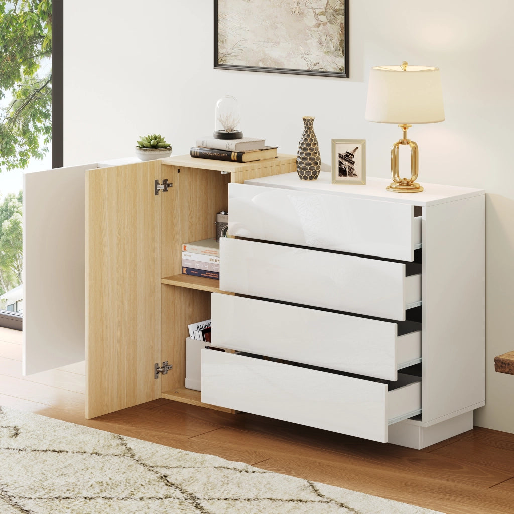 Credenza bianca lucida 140 cm con 4 cassetti e 2 ante; in MDF