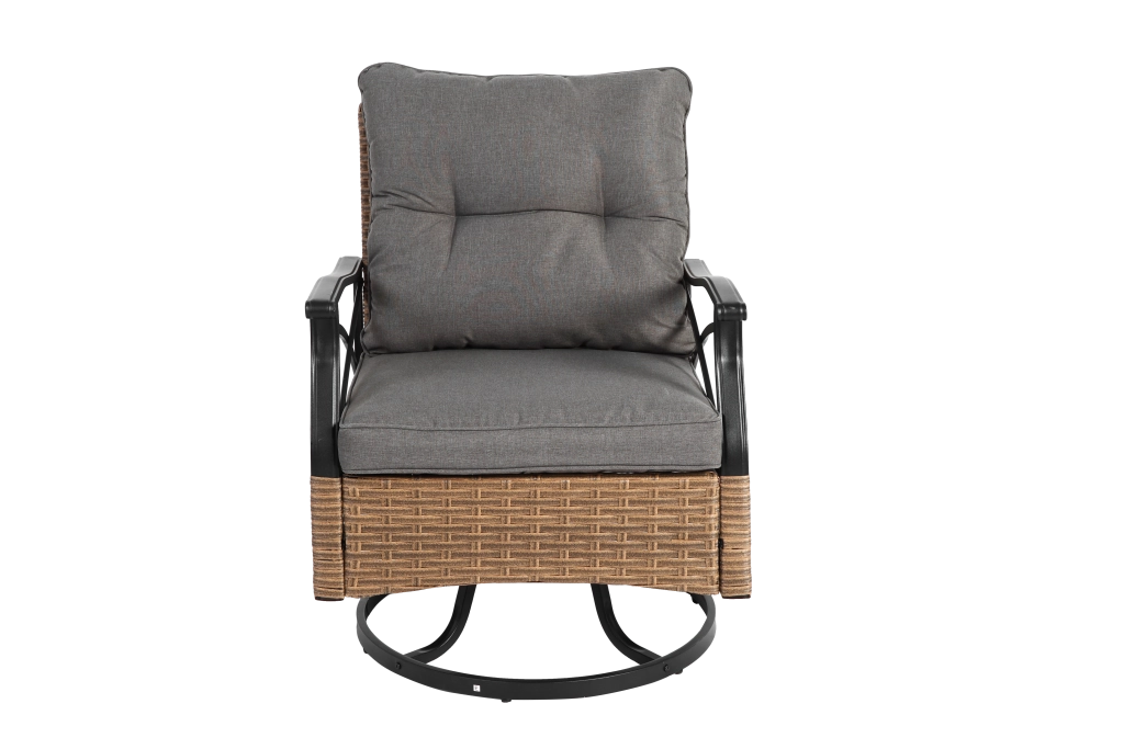 OKWISHPoltrone da giardino con tavolo set da 3 girevoli e basculanti 360° con cuscini in acciaio e rattan sintetico grigio