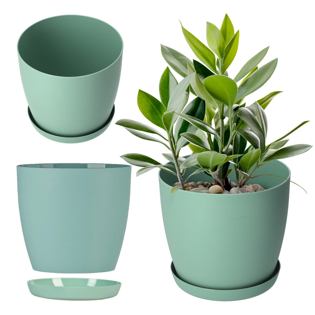 Vaso da fiori KADAX con sottovaso, vaso in plastica da 30 cm, coperchio, fiori, verde opaco