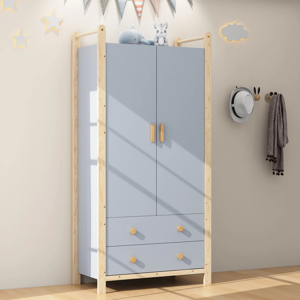 Set guardaroba e scaffale con appendiabiti 4 ripiani aperti e 4 cassetti in legno e MDF blu e naturale
