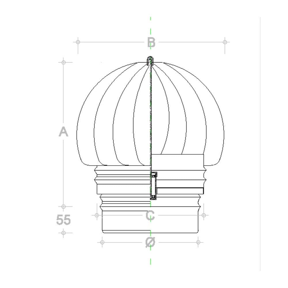 Fumaiolo da 250mm tipo radiante eolico inox aisi 304 base tonda innesto m maschio