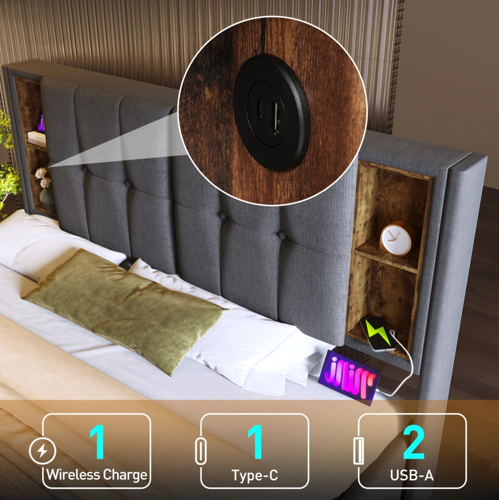 LETTO Imbottito 140x200 cm Cotone Grigio con ricarica wireless USB e Type-C