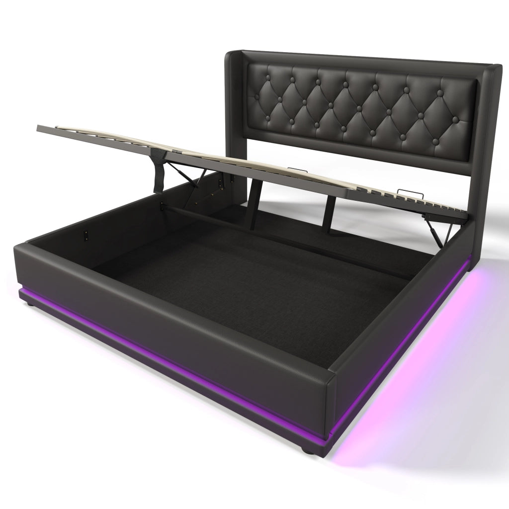Letto imbottito 180x200 cm con contenitore; LED e USB Type-C in PU nero