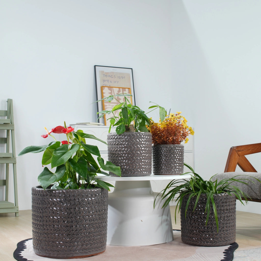 Vaso per piante in ceramica ¨C Minimal ¨C grigio lucido effetto spina di pesce ?17,5 cm con foro di drenaggio