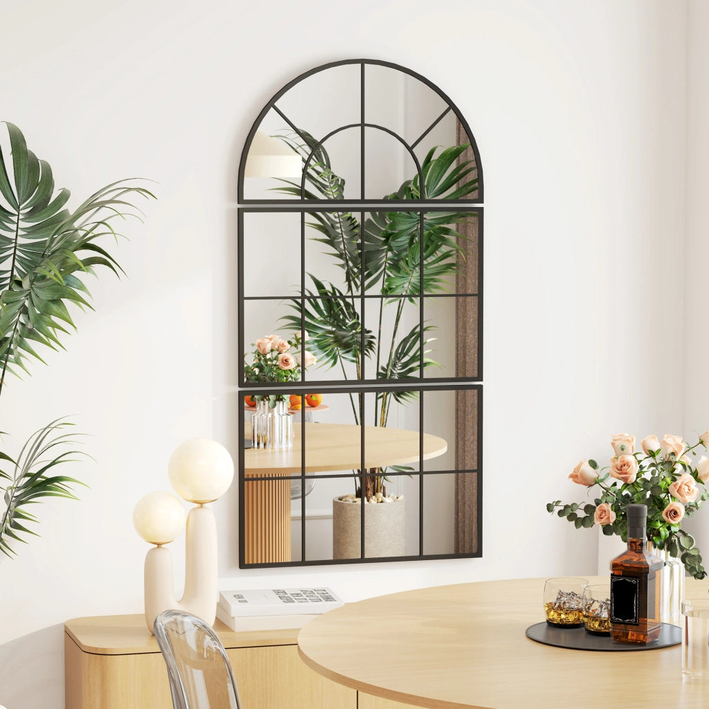 Specchio da parete a 3 pezzi con cornice in metallo nero e vetro da 4 mm; segmenti ad arco e rettangolari