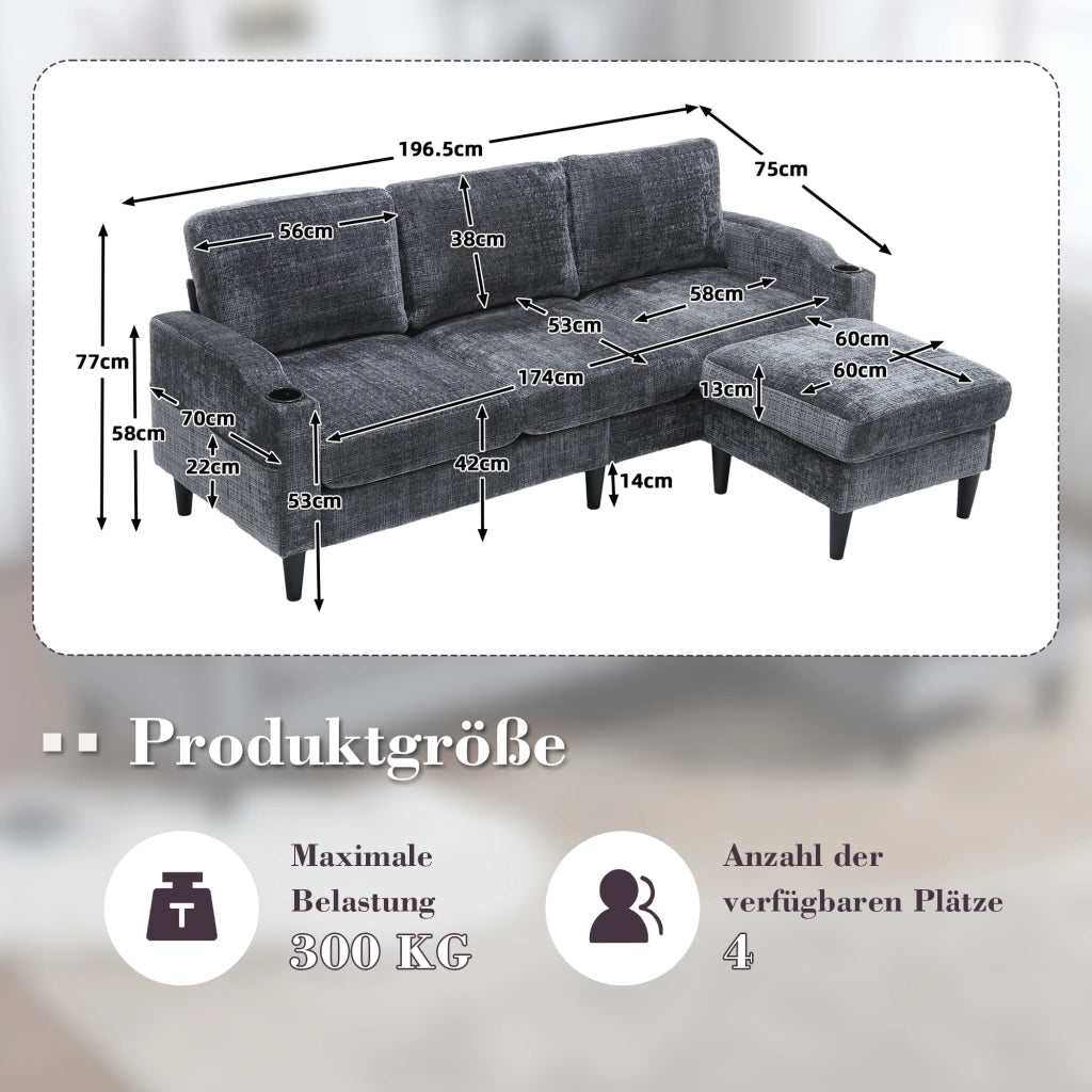 Divano 4 Posti con Poggiapiedi e Contenitore ¨C MINIMAL ¨C Velluto, Braccioli, Portabicchieri
