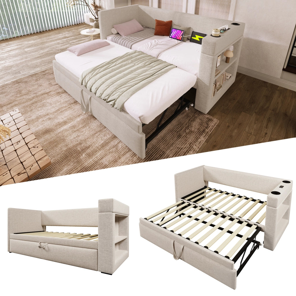 Letto singolo con letto estraibile beige 90x190 cm