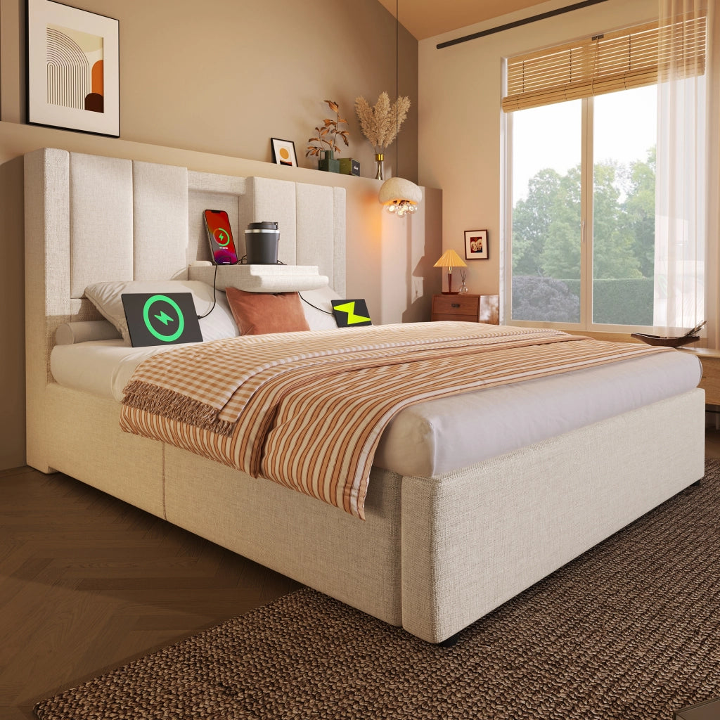Letto imbottito 90x200 cm beige con contenitore, rete, materasso e testiera con USB/Type-C