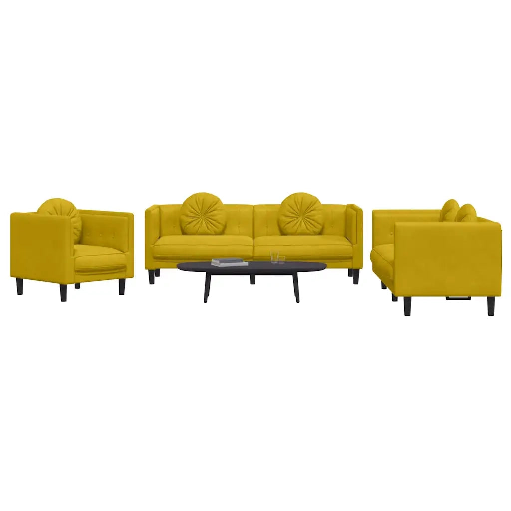 Set di Divani 3 pz con Cuscini Giallo in Velluto