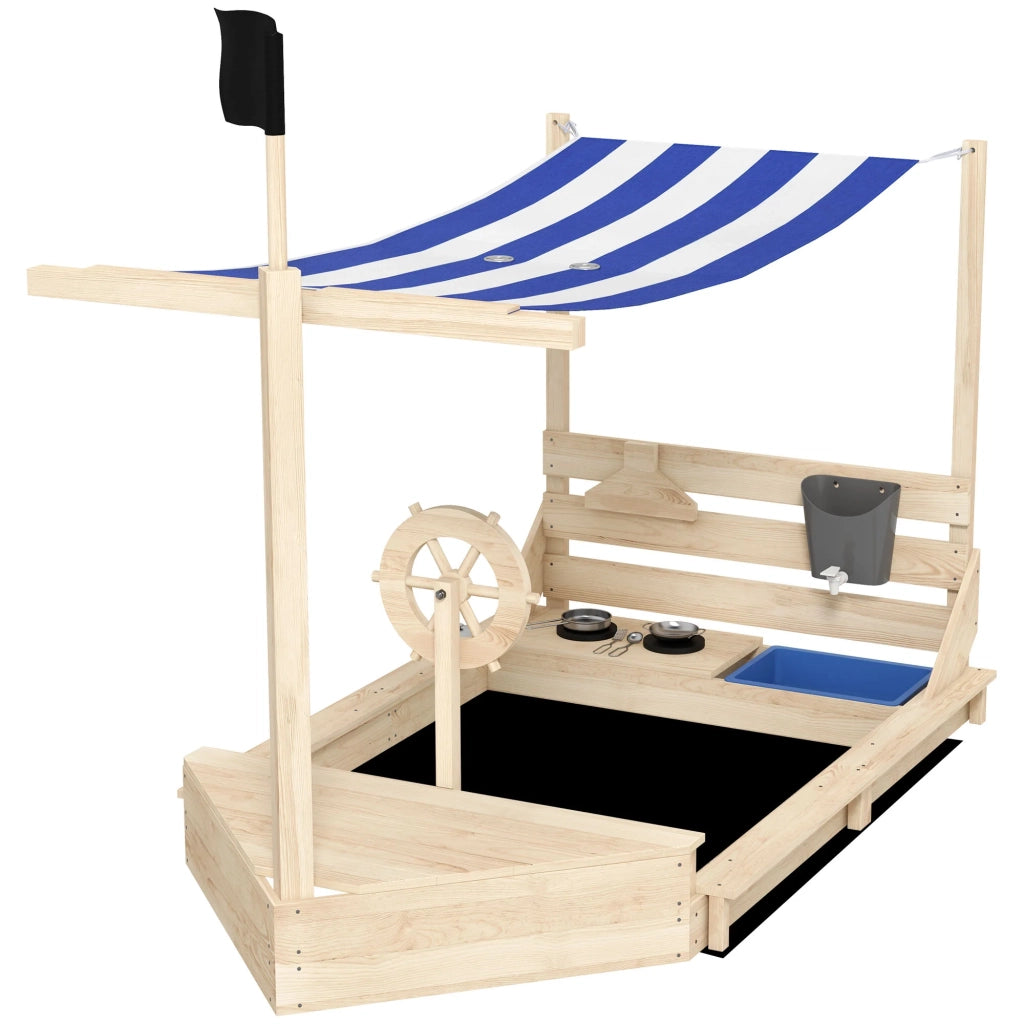 Sabbiera barca pirata giardino 180 x 103 x 144.5 cm contenitore portaoggetti tenda parasole grande scandinavo in legno naturale 21_0000351