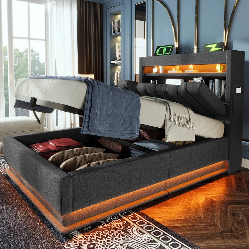 Letto singolo imbottito 90x200 cm con contenitore, USB Type-C, LED e materasso, grigio