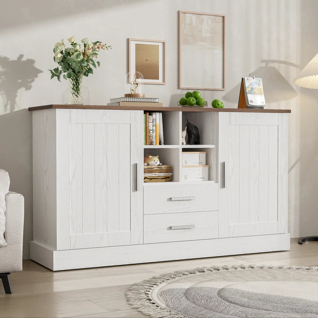 Sideboard 140x40x79,5 cm, legno bianco e marrone, 2 ante, 2 cassetti