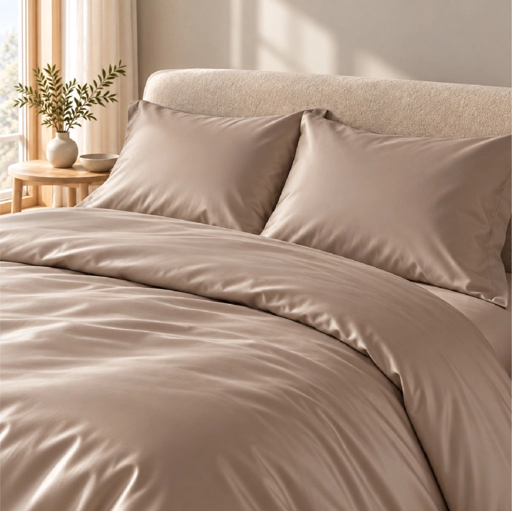 Parure Copripiumino Matrimoniale in Raso di Cotone, Sacco 250x200+40 cm con 2 Federe 50x80+15 cm, Tessuto Liscio Effetto Satinato, Set Letto Elegante  Tortora