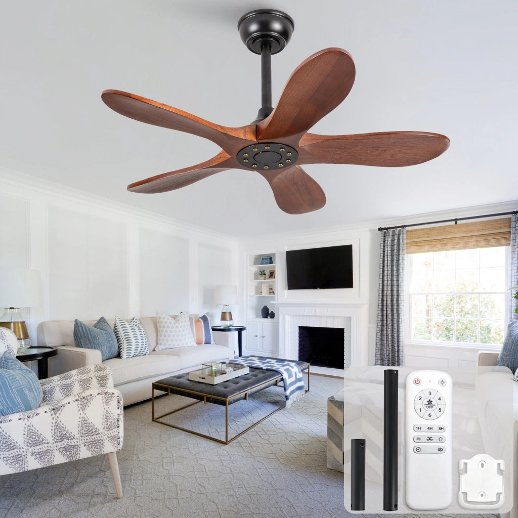 Ventilatore da soffitto 36 pollici senza luce con 5 pale in legno noce scuro, 6 velocità reversibili e telecomando