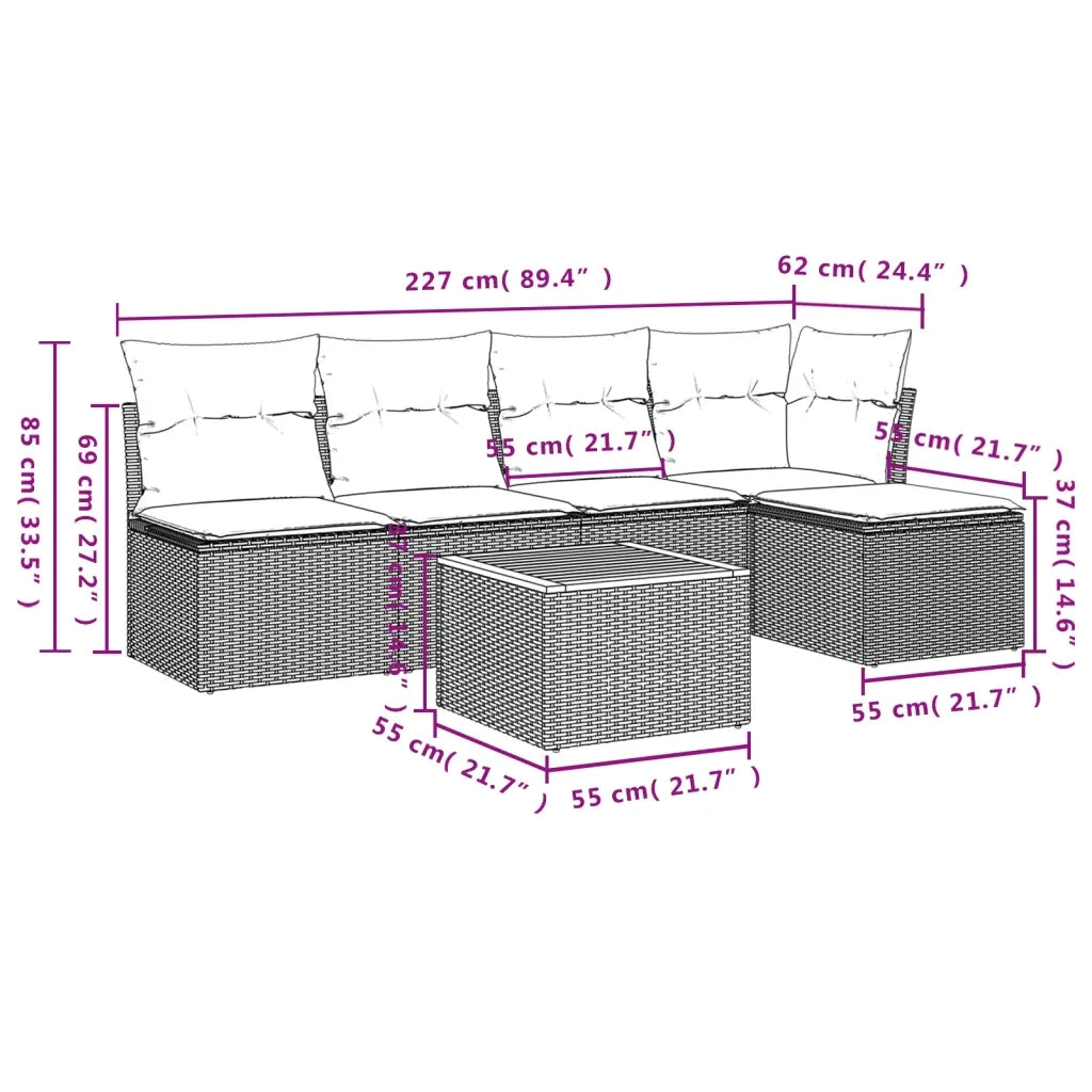 Set Divano da Giardino 6 pz con Cuscini Grigio in Polyrattan