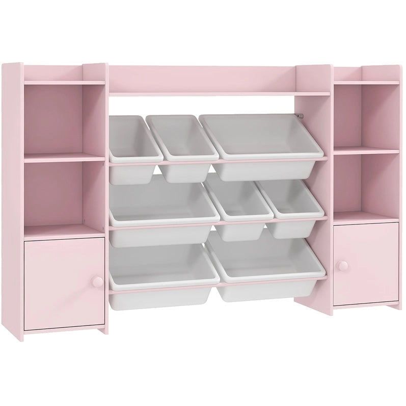 Scaffale per bambini 140x30x90 cm in MDF e metallo rosa con 8 contenitori