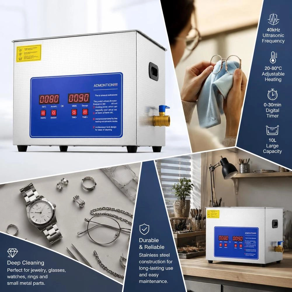 Professional Ultrasonic Cleaner, 10 L Ultrasonic Jewelry Cleaner With Digital Timer And Heater, Stainless Steel Industrial Sonic Cleaner 40 KHz For Glasses, Watches, Rings, Small Parts
