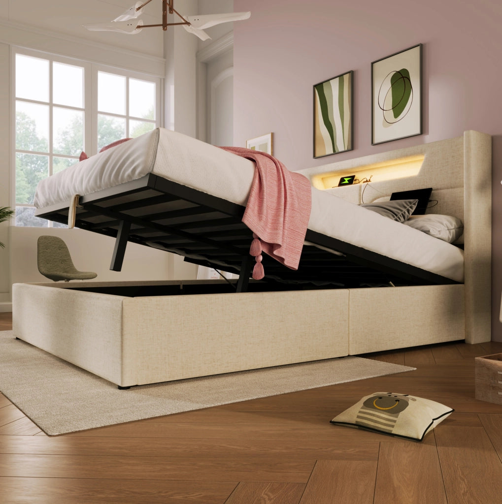 Letto matrimoniale imbottito 140x200 cm in lino beige con LED, USB e Type-C
