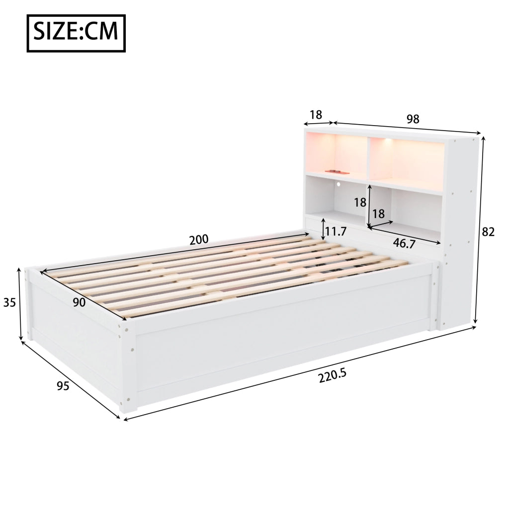 Letto singolo multifunzione 90x200 cm con LED e vani, bianco