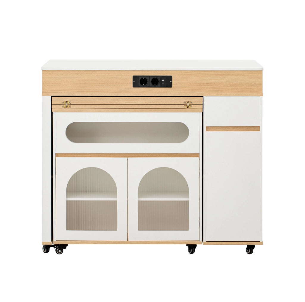 Isola cucina estensibile bianca e naturale con prese integrate