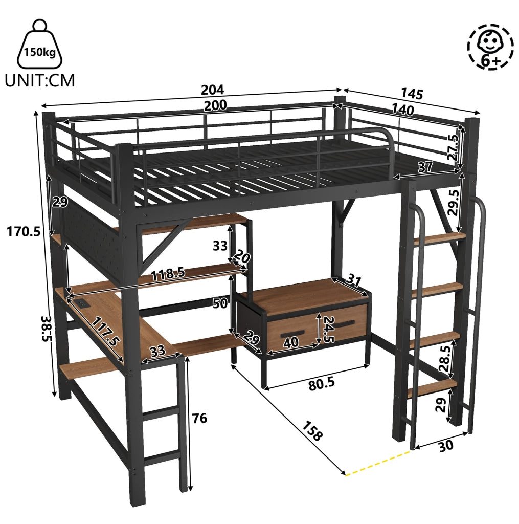 Letto a soppalco 140x200 cm con scrivania, scaffali, LED e USB