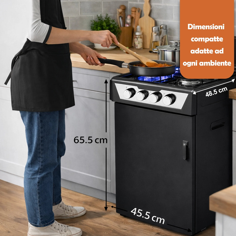Cucina a Gas 4 Guochi da Esterni con Portabombola e Paravento Compatta Nero