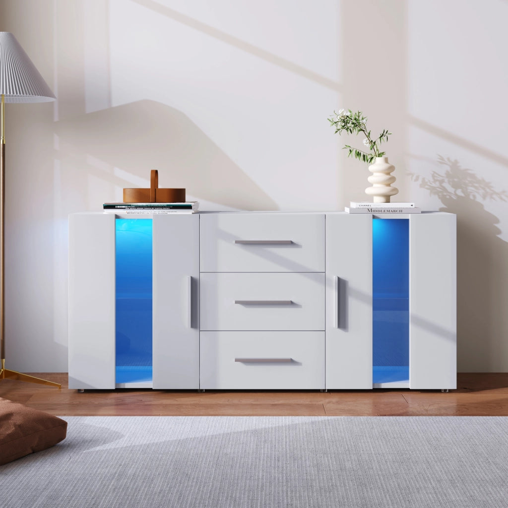 Credenza moderna con LED e USB 140x35x70 cm; bianco
