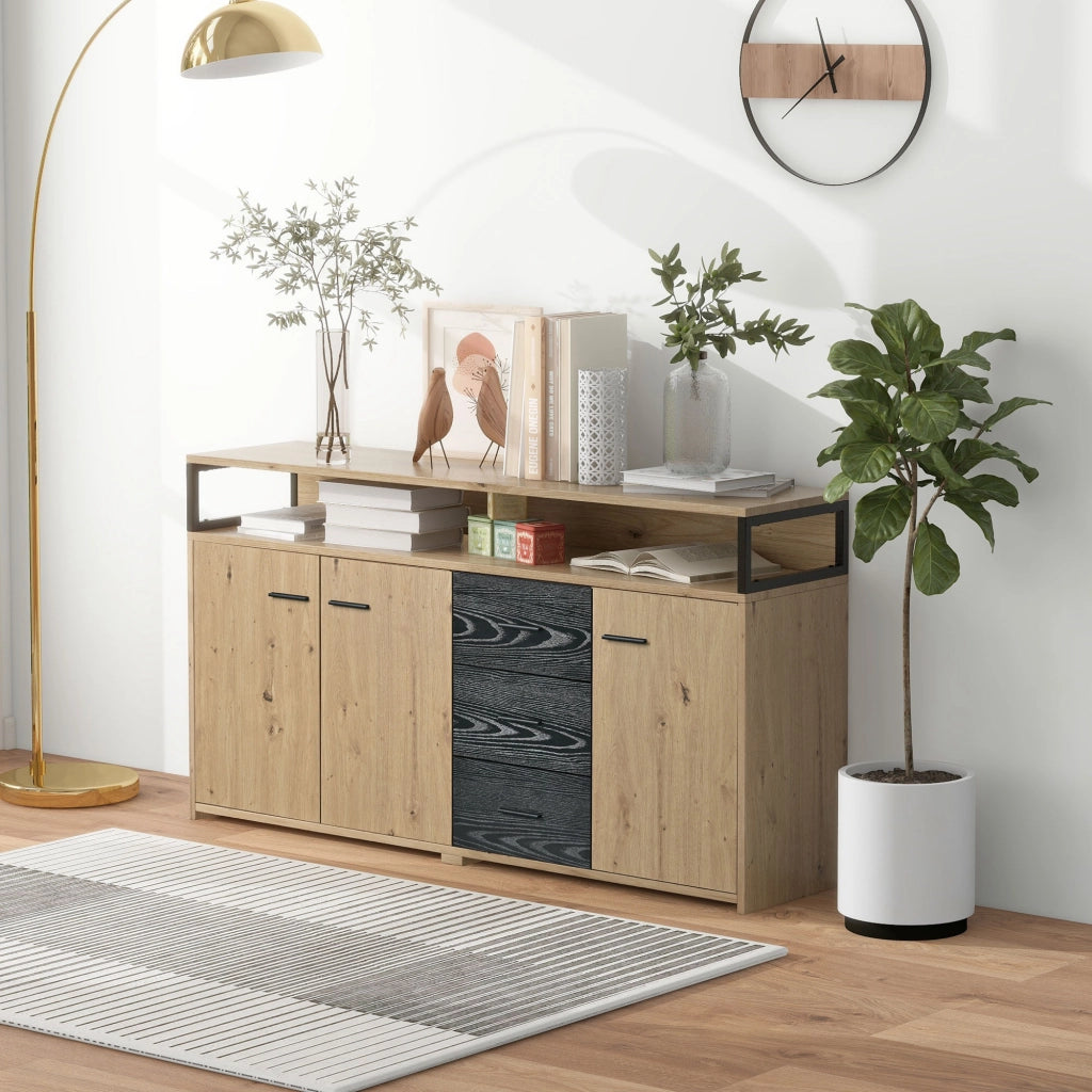 Sideboard moderno 150x35x75;9 cm con 3 porte e 3 cassetti; nero e colore legno