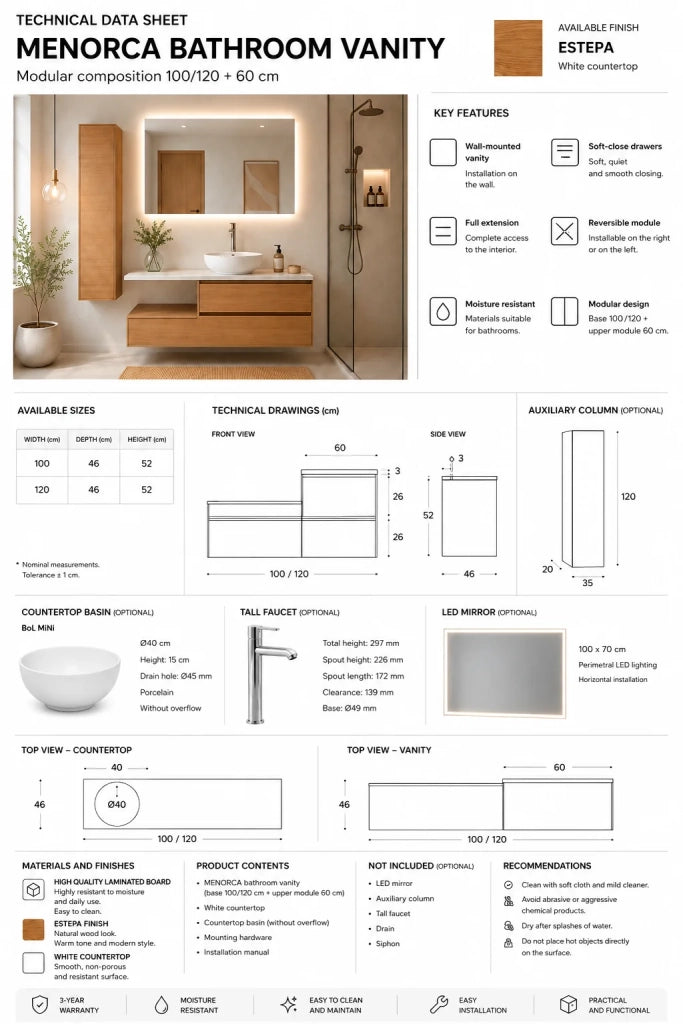 Mobile bagno componibile CERDEÑA senza specchio con modulo e piano top da 100 cm, lavabo senza colonna