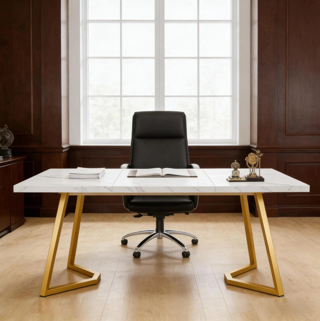 Scrivania da computer in legno bianco e oro per home office