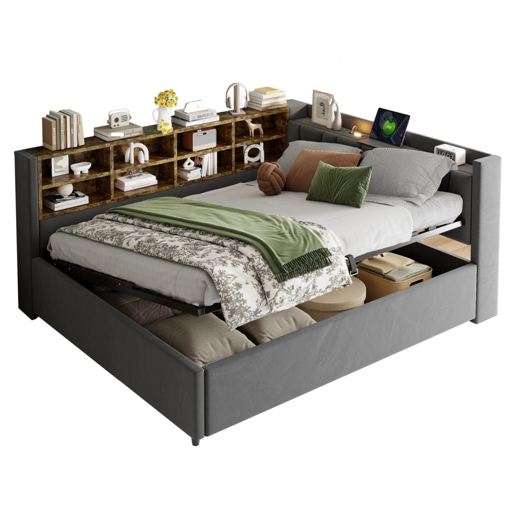 Letto imbottito 140x200 cm con contenitore, USB e luce notturna