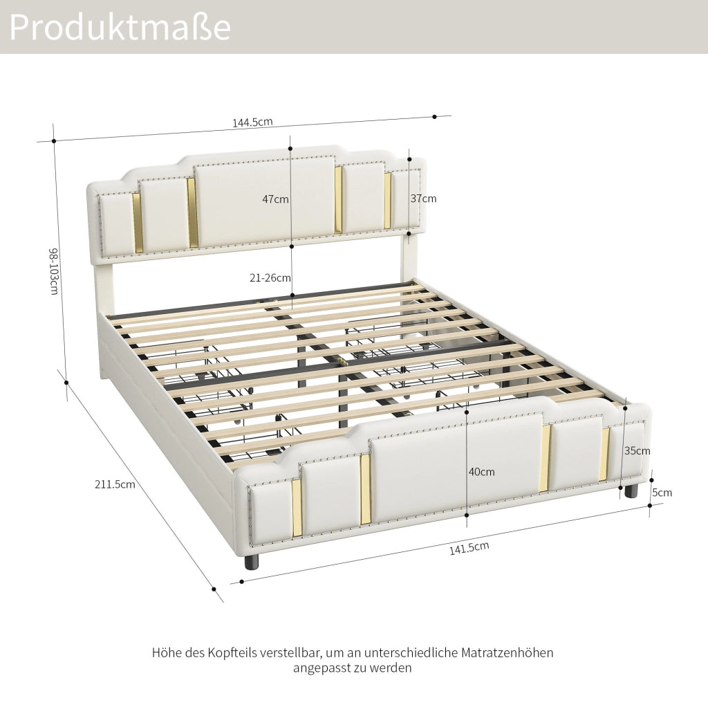 Letto matrimoniale 140x200 cm in velluto beige con LED e cassetti