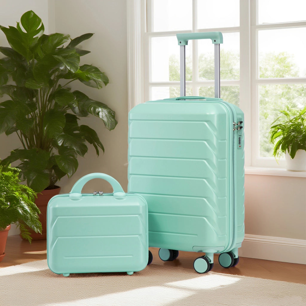 Set da viaggio 2 pezzi con valigia rigida ABS 55x35,5x20,5 cm e beauty case 14" verde menta