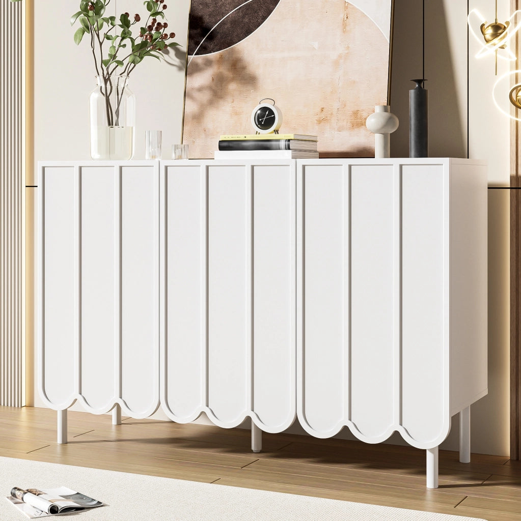 Credenza 120x35x80 cm con ante ondulate e ripiani regolabili in MDF bianco