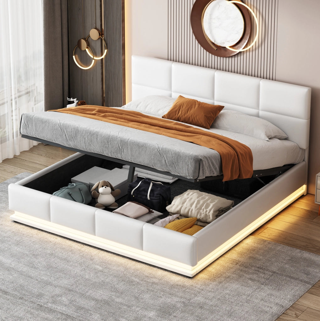 Letto imbottito 160x200 cm con LED, rete a doghe in metallo e contenitore, letto matrimoniale idraulico, bianco