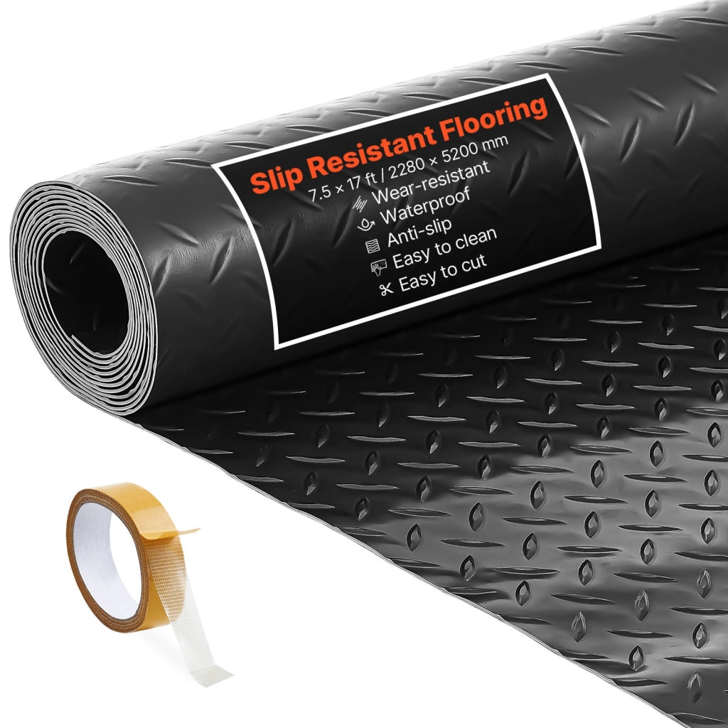 Rivestimento Pavimento in PVC Antiscivolo 2,28 x 5,2 m, Tappeto Protettivo Diamantato 2,2 mm con Nastro Biadesivo, per Garage e Magazzino, Nero