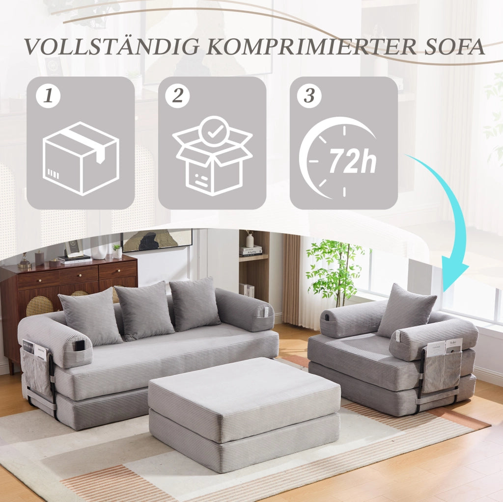 DIVANO modulare in corda grigio chiaro con pouf e cuscini