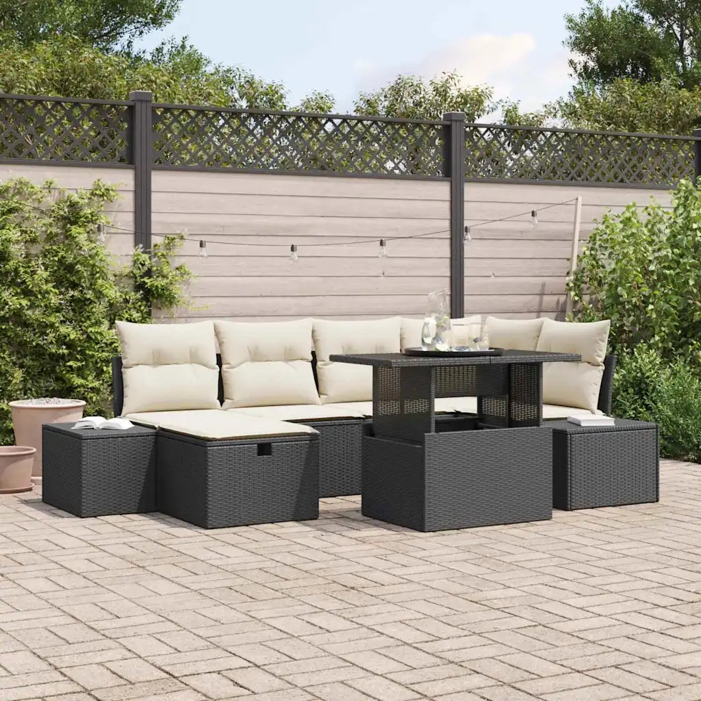 Set Divano da Giardino con cuscino 7 pcs Nero Poly Rattan 3359874